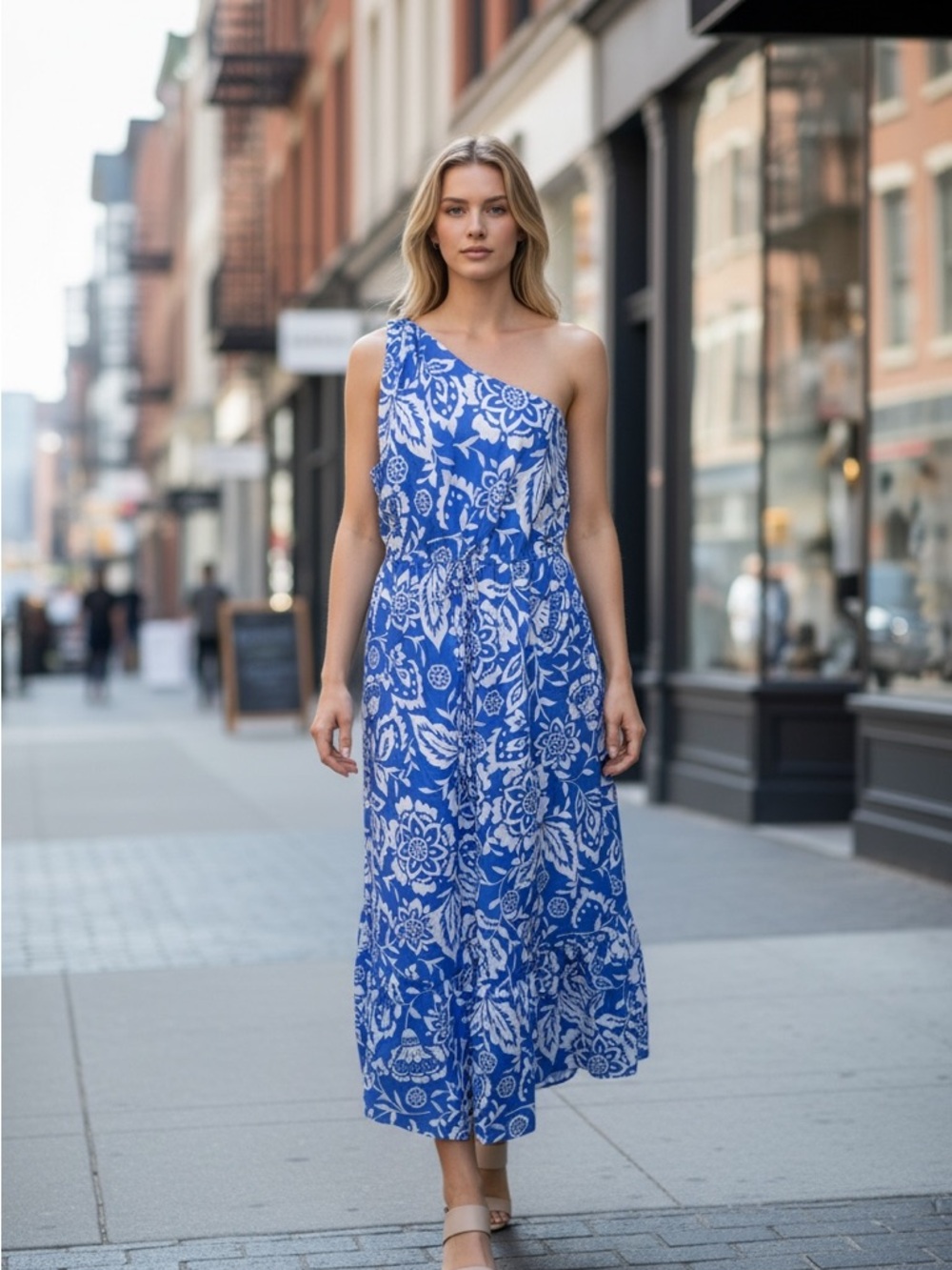 NWT SUGERLIPS One Shoulder Floral Maxi Dress Blue White Boho Tiered Flowy Large